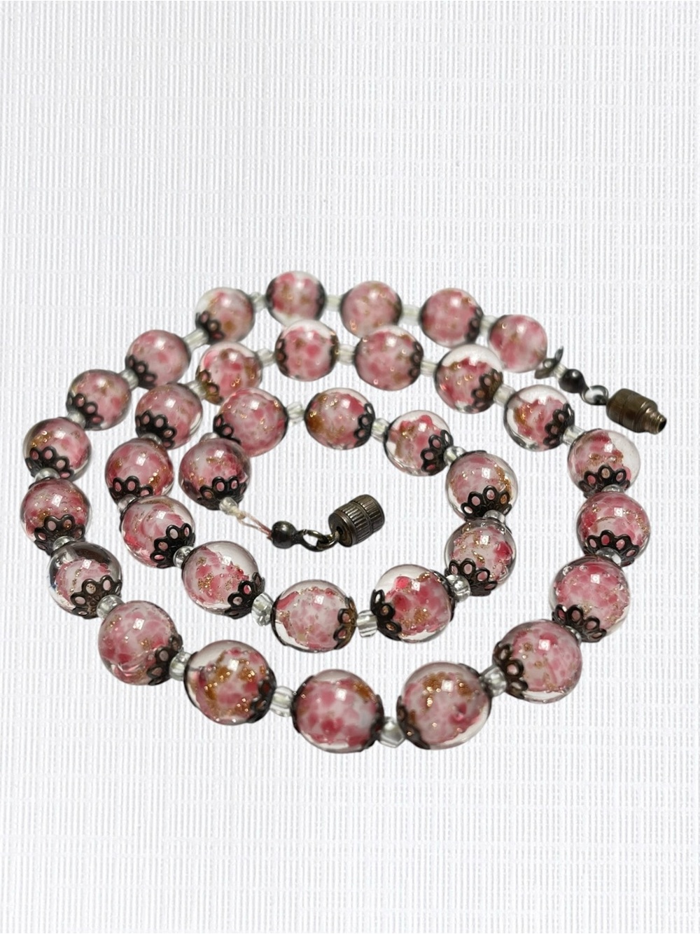 Vintage Murano Glass Necklace 17" Sommerso Pink Lampwork Beads Handmade Unsigned
